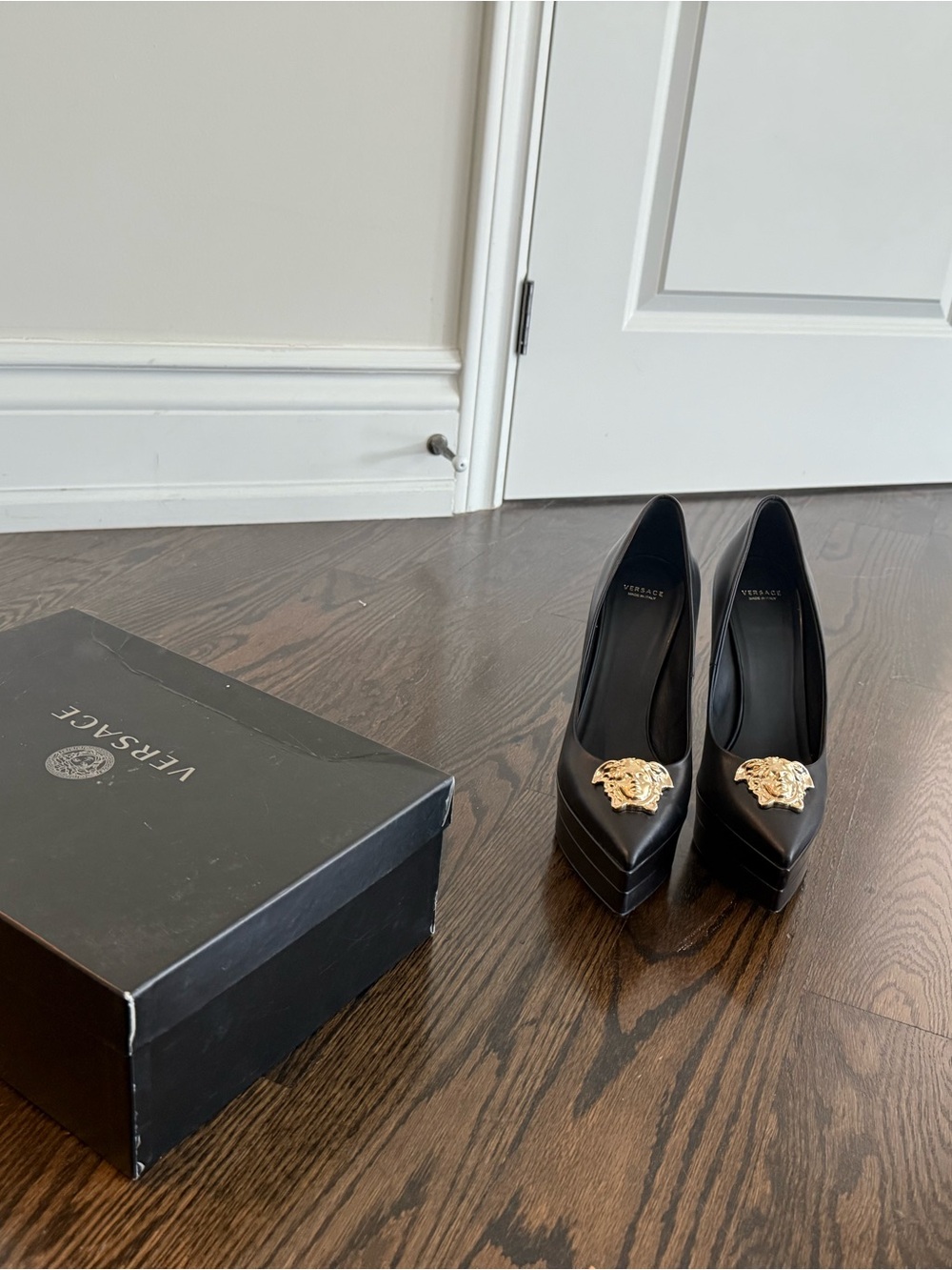 Versace Black Leather Pointed Platform Pumps with Gold Medusa
